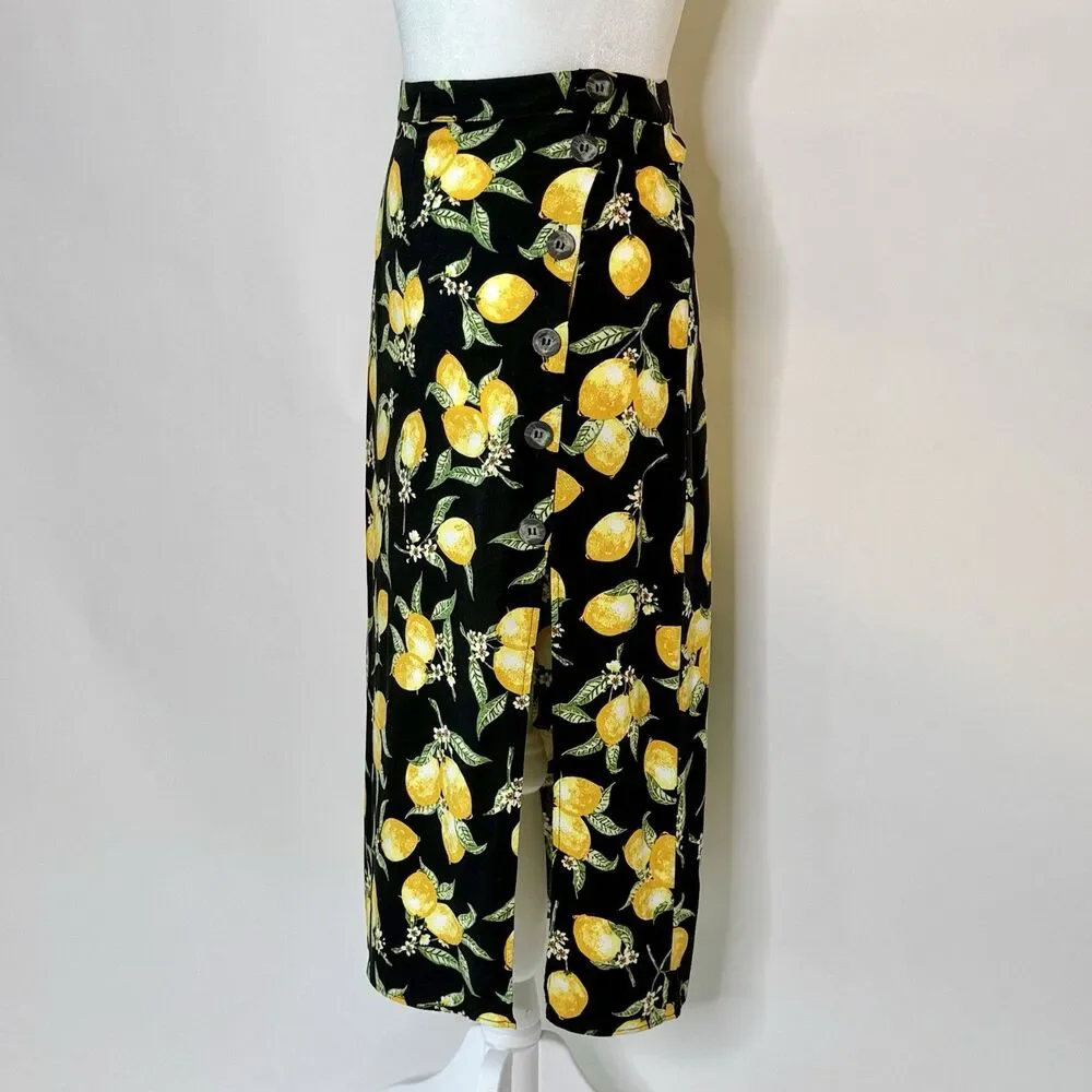 DIVIDED by H&M - Midi Skirt Women's Size 8 - Black Yellow Lemons Design Classic